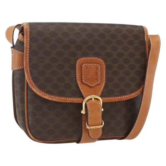CELINE Macadam Canvas Shoulder Bag PVC Leather Brown Gold Auth 164162