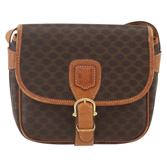 CELINE Macadam Canvas Shoulder Bag PVC Leather Brown Gold Auth 164162