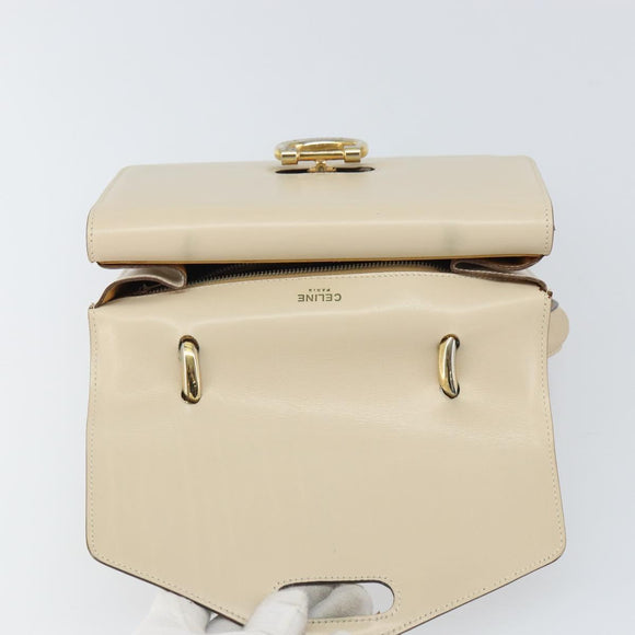 CELINE Hand Bag Leather Ivory Gold Auth 164168