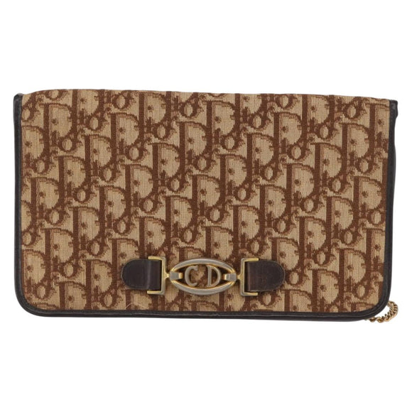 Christian Dior Trotter Canvas Chain Shoulder Bag Beige Gold Auth 164195