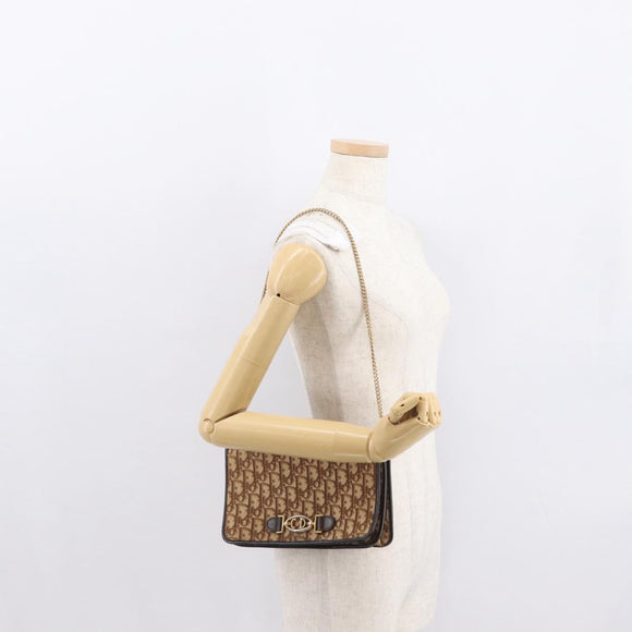 Christian Dior Trotter Canvas Chain Shoulder Bag Beige Gold Auth 164195