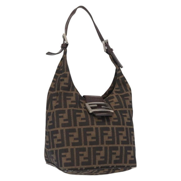 FENDI Zucca Canvas Mamma Baguette Shoulder Bag Black Brown Auth 164204