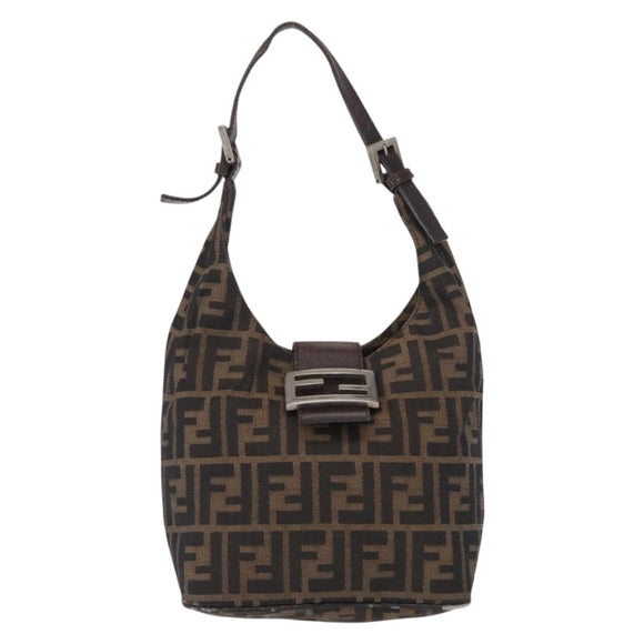 FENDI Zucca Canvas Mamma Baguette Shoulder Bag Black Brown Auth 164204