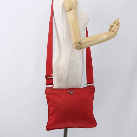 PRADA Shoulder Bag Nylon Red Silver Auth 164209