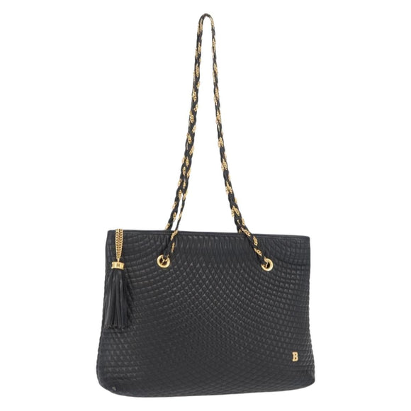 BALLY Quilted Chain Shoulder Bag Leather Black Gold Auth 164225