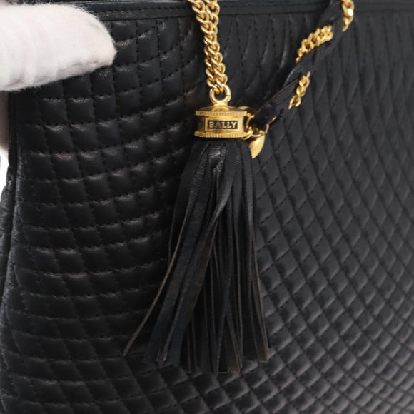BALLY Quilted Chain Shoulder Bag Leather Black Gold Auth 164225