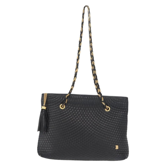 BALLY Quilted Chain Shoulder Bag Leather Black Gold Auth 164225