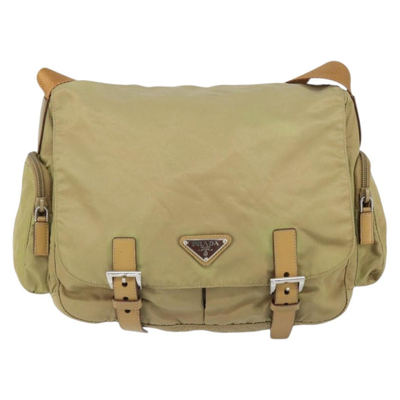 PRADA Shoulder Bag Nylon Beige Silver Auth 164243