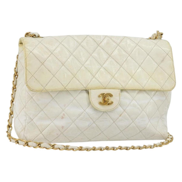 CHANEL Matelasse 30 Chain Shoulder Bag Patent leather White Gold CC Auth 164245