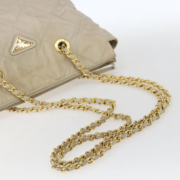 PRADA Schoudertas met Ketting Nylon Ivoor Goud Auth 164262