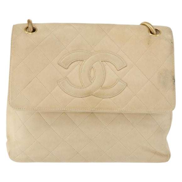 CHANEL Matelasse Chain Shoulder Bag Lamb Skin Ivory Gold CC Auth 164270
