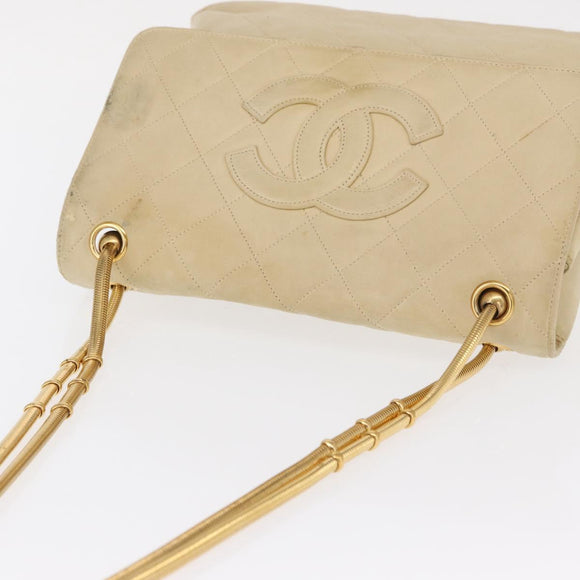 CHANEL Matelasse Chain Shoulder Bag Lamb Skin Ivory Gold CC Auth 164270