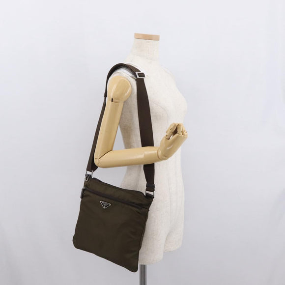 PRADA Shoulder Bag Nylon Khaki Silver Auth 164284