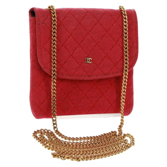 CHANEL Mini Matelassé Chain Pouch Baumwolle Rot Gold CC Auth 164298V