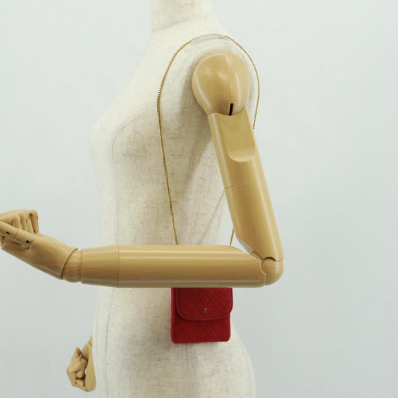 CHANEL Mini Matelasse Chain Pouch Cotton Red Gold CC Auth 164298V