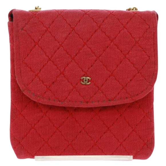 CHANEL Mini Matelassé Chain Pouch Baumwolle Rot Gold CC Auth 164298V