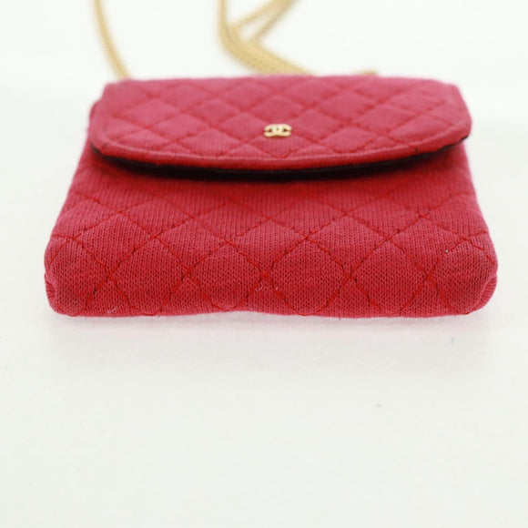 CHANEL Mini Matelassé Chain Pouch Baumwolle Rot Gold CC Auth 164298V