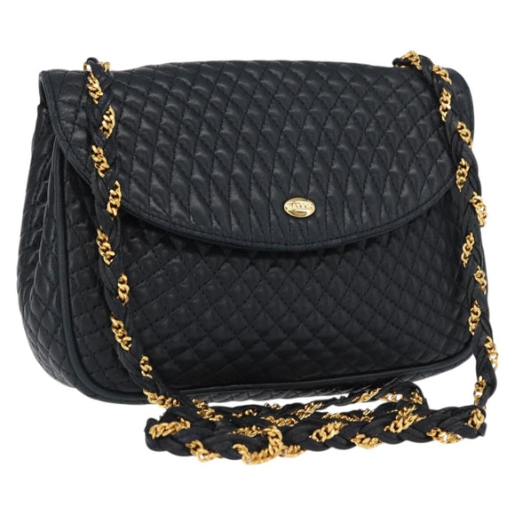 BALLY Chain Shoulder Bag Leather Navy Gold Auth 164306
