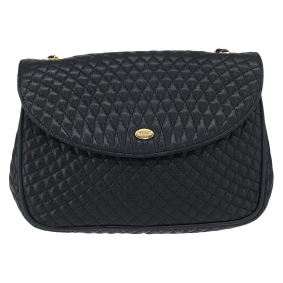 BALLY Chain Shoulder Bag Leather Navy Gold Auth 164306