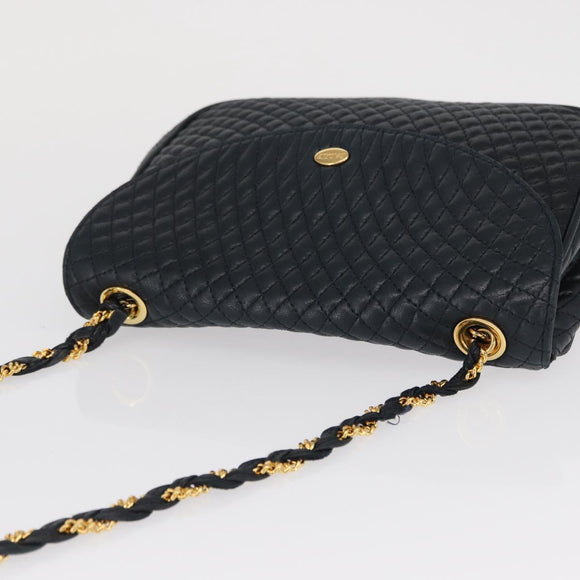 BALLY Chain Shoulder Bag Leather Navy Gold Auth 164306