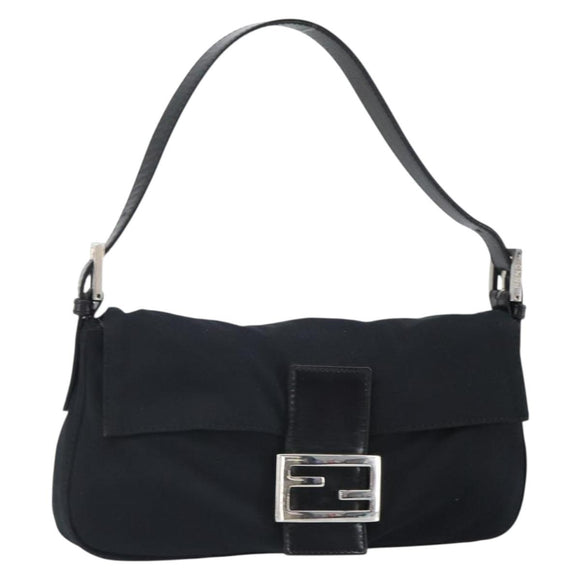 FENDI Mamma Baguette Shoulder Bag Nylon Black Silver Auth 164307