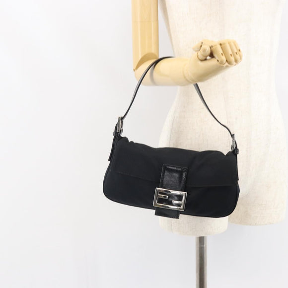 FENDI Mamma Baguette Shoulder Bag Nylon Black Silver Auth 164307