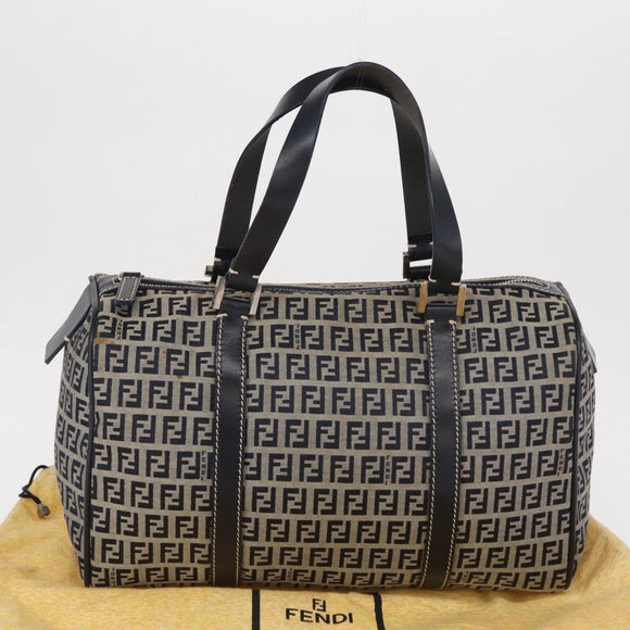 FENDI Zucchino Canvas Boston Bag Navy Silver Auth 164326A