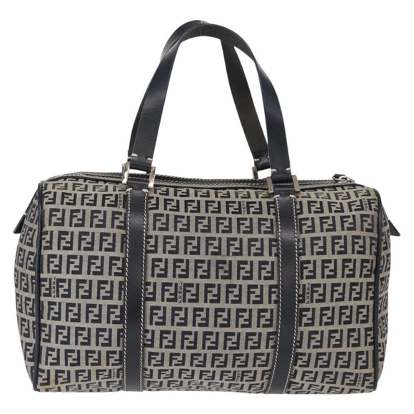 FENDI Zucchino Canvas Boston Bag Navy Silver Auth 164326A