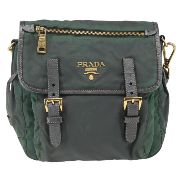 PRADA Shoulder Bag Nylon Green Gold Auth 164339