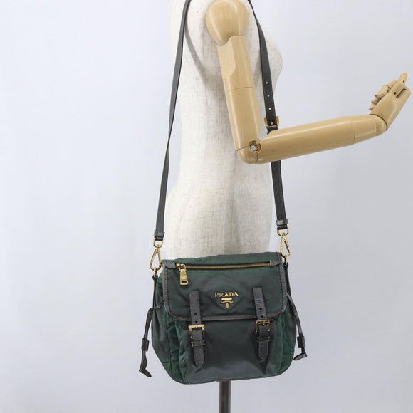 PRADA Shoulder Bag Nylon Green Gold Auth 164339