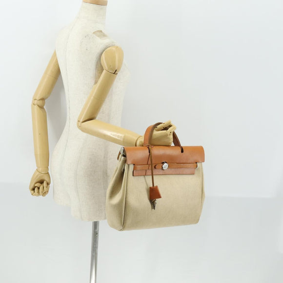 HERMES Her bag Ad PM Backpack Canvas Leather 2way Beige Silver Auth 164341