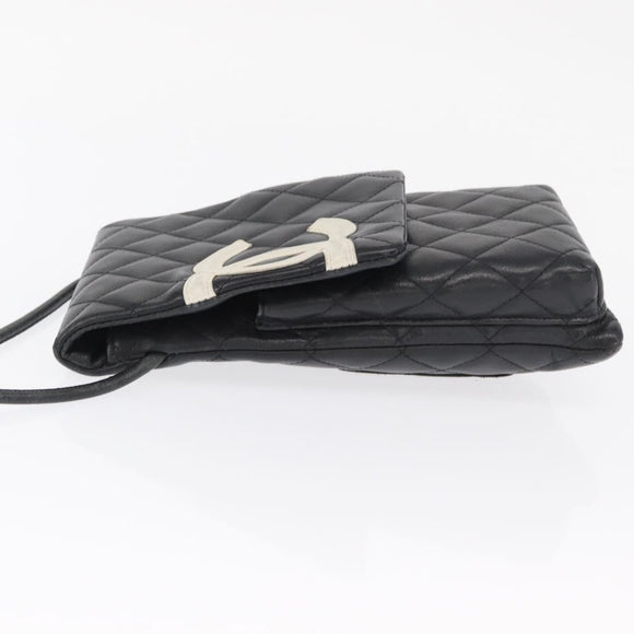 CHANEL Cambon Line Matelasse Shoulder Bag Lamb Skin Silver Black CC Auth 164354