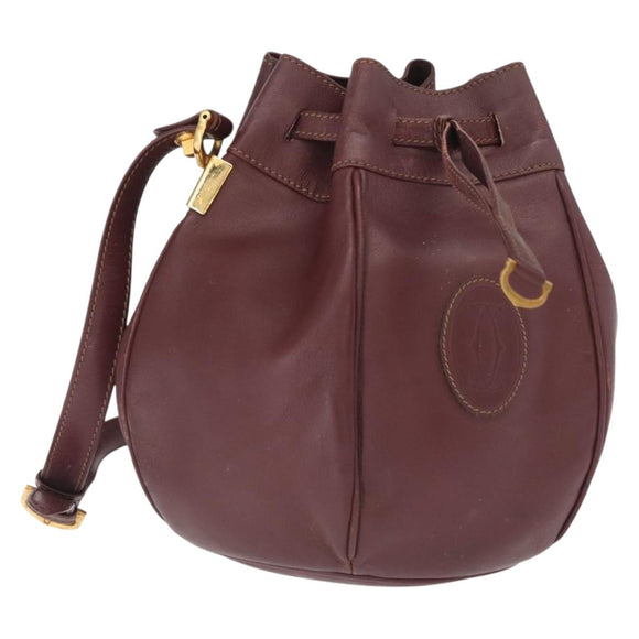 CARTIER Must Line Shoulder Bag Leather Bordeaux Gold Auth 164423