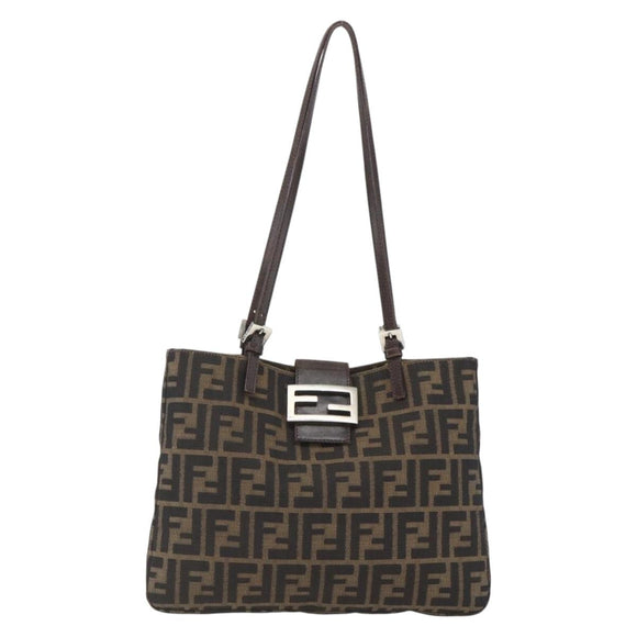 FENDI Zucca Canvas Tote Bag Black Brown Silver Auth 164424