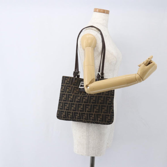 FENDI Zucca Canvas Tote Bag Black Brown Silver Auth 164424