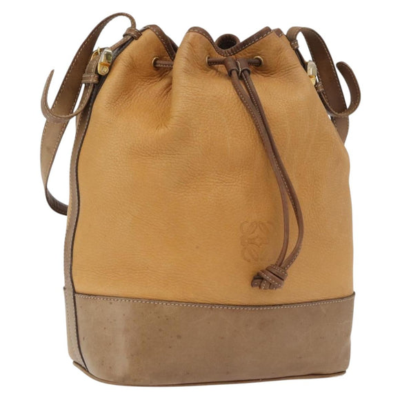 LOEWE Anagram Shoulder Bag Leather Brown Gold Auth 164430