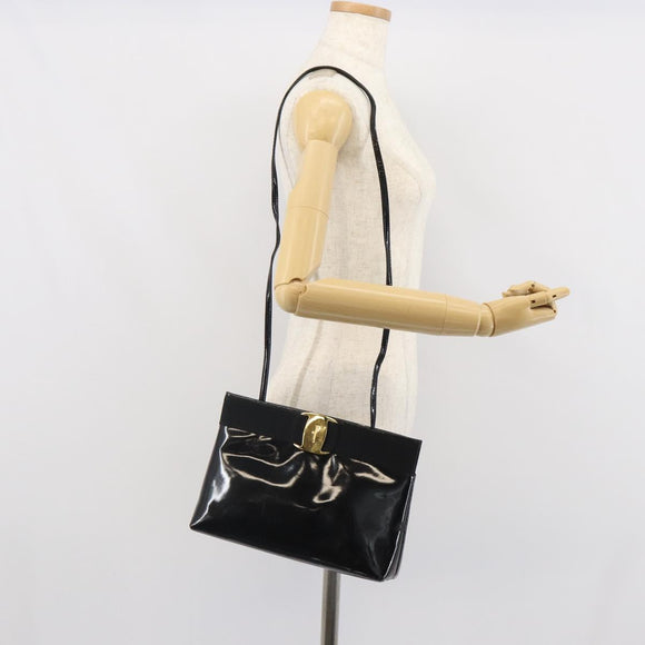Salvatore Ferragamo Vala Shoulder Bag Patent leather Black Gold Auth 164441