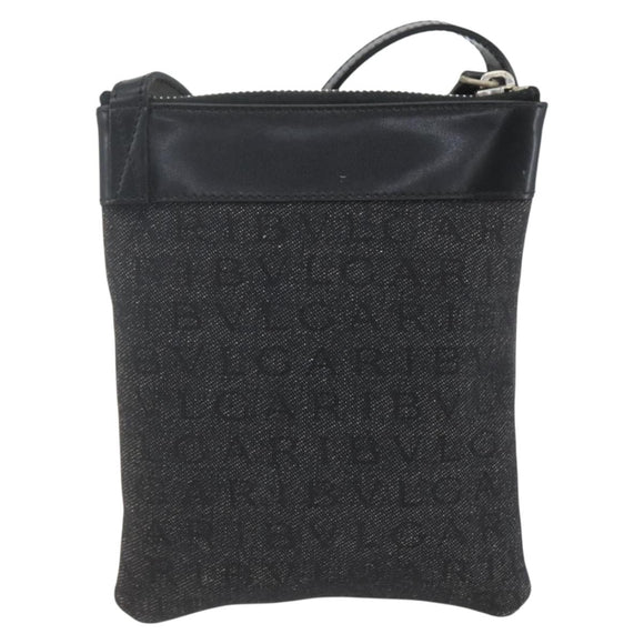 BVLGARI Logo Mania Shoulder Bag Canvas Leather Black Silver Auth 164451