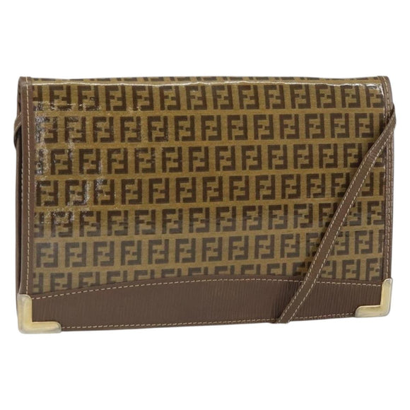 FENDI Zucchino Canvas Shoulder Bag Coated Canvas Brown Gold Auth 164456
