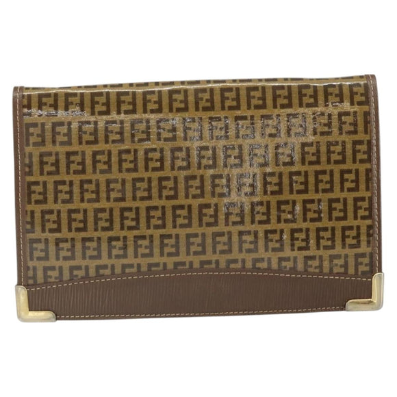 FENDI Zucchino Canvas Shoulder Bag Coated Canvas Brown Gold Auth 164456