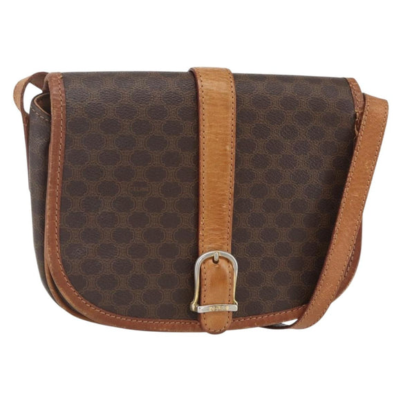 CELINE Macadam Canvas Shoulder Bag PVC Leather Brown Gold Auth 164463