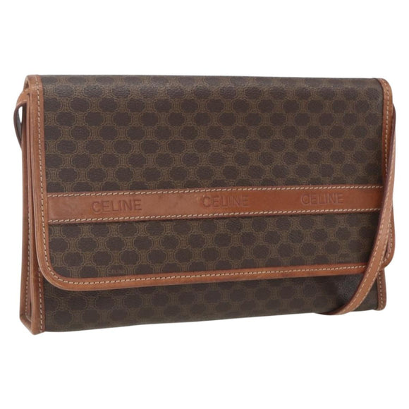 CELINE Macadam Canvas Shoulder Bag PVC Leather Brown Gold Auth 164465