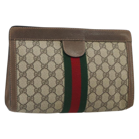 GUCCI GG Supreme Web Sherry Line Clutch Bag PVC Beige Gold 89 01 002 Auth 164472