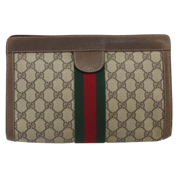 GUCCI GG Supreme Web Sherry Line Clutch Bag PVC Beige Gold 89 01 002 Auth 164472