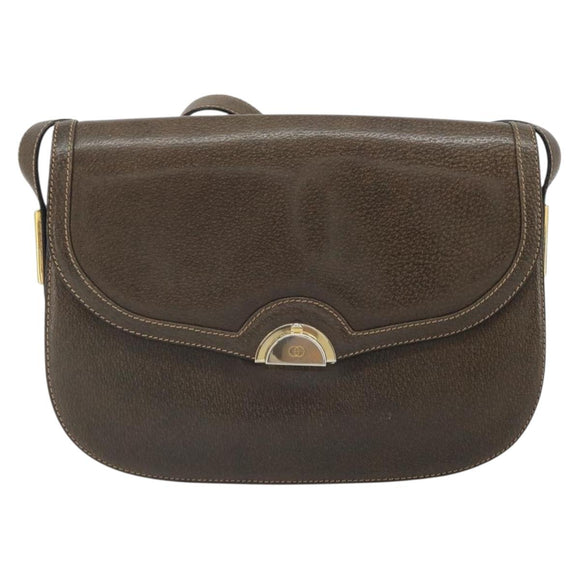 GUCCI Shoulder Bag Leather Brown Gold Auth 164489