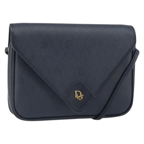 Christian Dior Honeycomb Canvas Shoulder Bag PVC Navy Gold Auth 164499