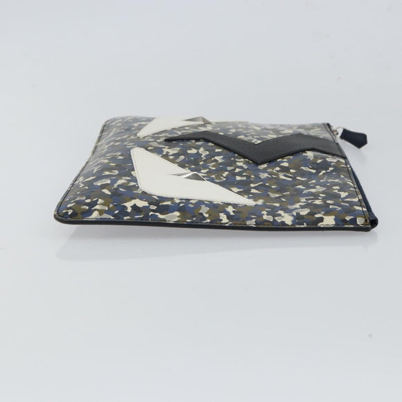 FENDI monster Clutch Bag Leather Blue Black Auth 164500