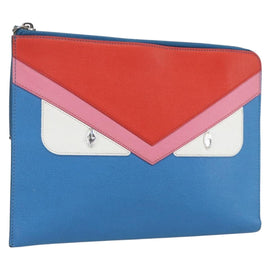 FENDI monster Clutch Bag Leather Blue Auth 164501
