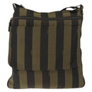 FENDI Pecan Canvas Shoulder Bag Black Brown Silver Auth 164502-13