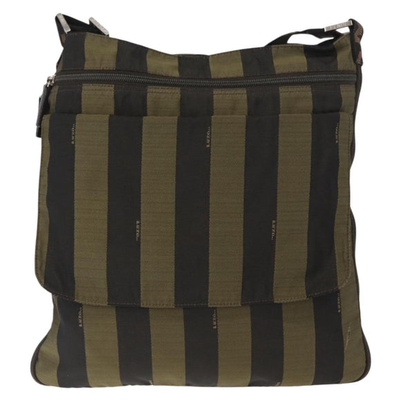 FENDI Pecan Canvas Shoulder Bag Black Brown Silver Auth 164502